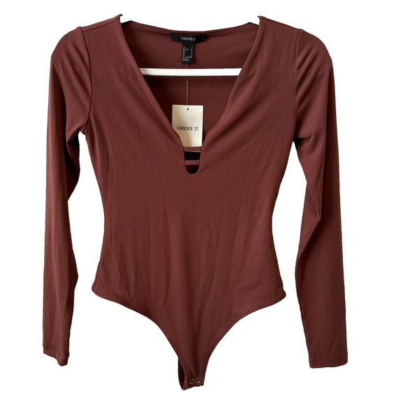 Forever 21 NWT Women's Small Sexy Long Sleeve Brown Thong Bodysuit Cut Out Fall - Picture 1 of 13